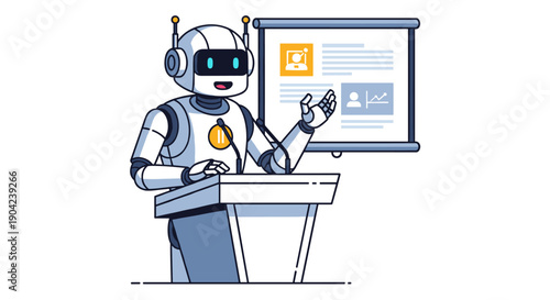 An artificial intelligence robot delivers a presentation with a microphone and a screen displaying data, symbolizing innovation and future technology.