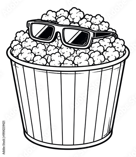 Line art illustration of a popcorn bucket and 3d glasses depicting a movie snack for entertainment