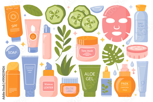 various natural skincare products and plants on white background