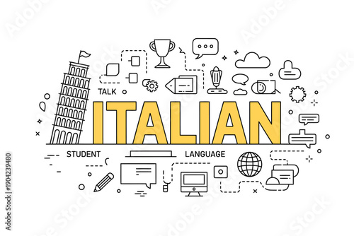 Italian language learning concept with icons and symbols
