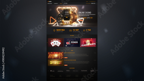 Dark and gold template of online casino website with casino elements. Website design of online casino