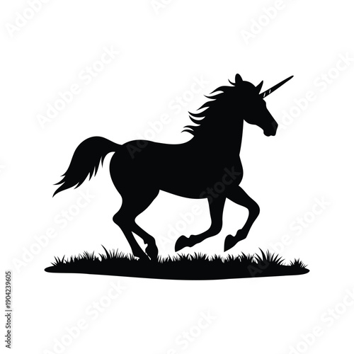 Mythical unicorn running on grassy field silhouette vector illustration design, unicorn prancing in the meadow silhouette vector illustration