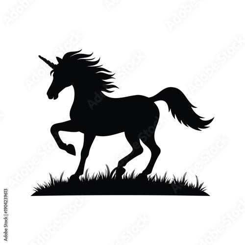 Mythical creature unicorn standing on grass silhouette vector illustration design, unicorn prancing in the meadow silhouette vector illustration