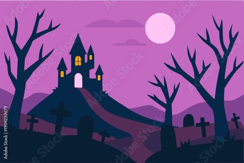 Spooky castle graveyard halloween holiday background flat color vector illustration template design