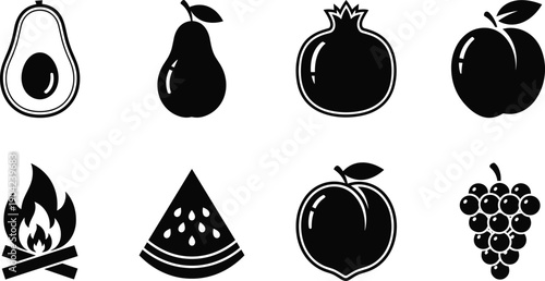 Foto Black Vector Fruit Icons Set Featuring Avocado, Pear, Pomegranate, Apple, Campfi