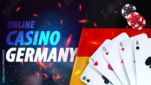 Online casino in Germany, blue banner for website with playing cards and poker chips on background with Germany flag