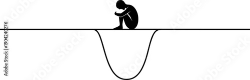 Vulnerable Silhouette Huddled on the Edge of a Deep Pit: Conceptual Vector Illustration of Depression, Loneliness, Anxiety, and Mental Health Crisis Symbolizing Emotional Struggle and Despair.