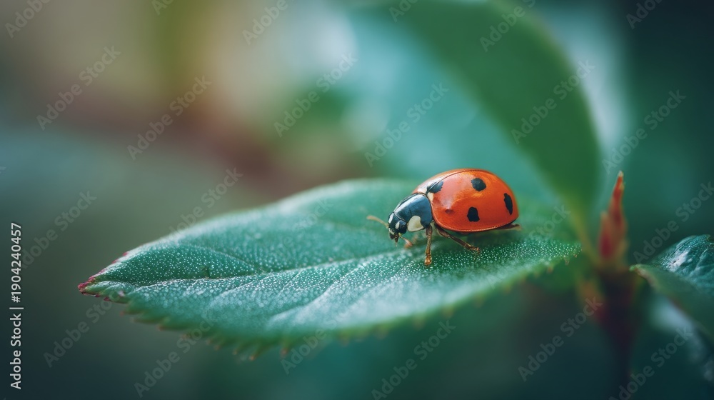 Fototapeta premium Ladybug on Fresh Leaf Centered in Macro Spring Scene with Subtle Bokeh Glow, Minimalist Background, Refined Advertising Aesthetic, Calm Poetic Nature Composition