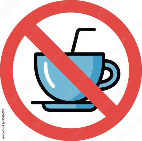 No Drinks or Beverages Allowed Prohibition Sign Showing a Blue Coffee Cup with a Straw Crossed Out by a Red Circle, Indicating No Consumption Zone