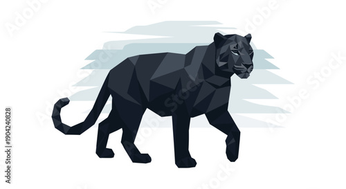Striking vector illustration of a majestic black panther, depicted in a contemporary geometric low poly art style, showcasing its powerful form and sleek dark fur against a subtle background.