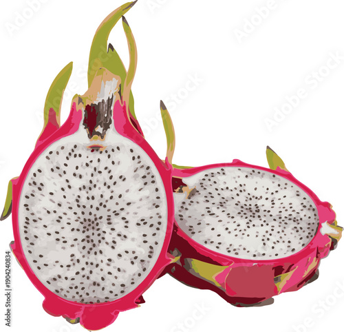 Fresh Dragon Fruit Sliced in Half Isolated on White Background