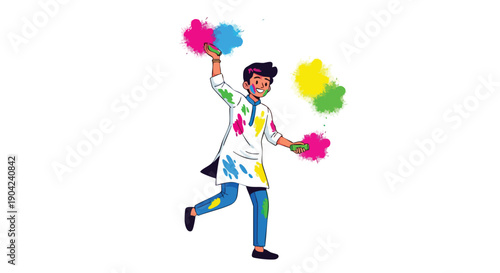 Vector illustration of a person celebrating Holi festival with colorful powder and traditional Indian clothes on a white background with a happy expression.
