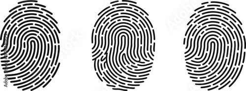 Set of Three Black Fingerprint Icons Representing Biometric Security, Identity Verification, and Digital Authentication Concept on Dark Background