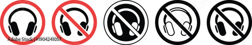 Various No Headphones or Music Allowed Prohibition Signs Showing Different Styles of Headsets in Red Circle and White Outline Formats