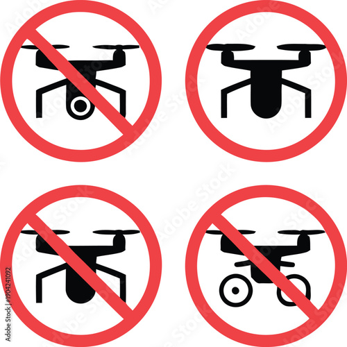 Collection of Four Black Drone Prohibition Signs Showing No Flying or Recording with UAVs, Isolated Vector Graphics for No Drone Zones