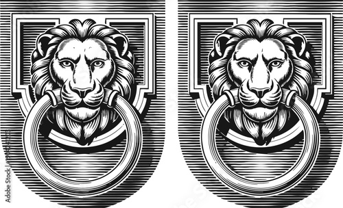 ornate lion head door knockers with circular rings in black and white vintage engraving