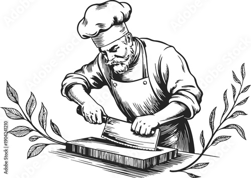 Chef chopping vegetables on wooden board with cleaver knife, culinary cooking preparation