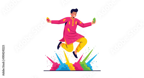 Vector illustration of a person in traditional Indian clothes celebrating Holi festival with colorful powder, jumping with a happy expression on a white background.