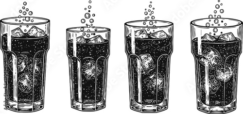 Four glasses filled with soda and ice cubes with bubbles rising, refreshing cold drinks illustration