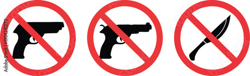 Three Vector Icons Showing Strict Prohibition Signs Against Weapons: No Handgun, Pistol, and Knife Allowed in Restricted Area