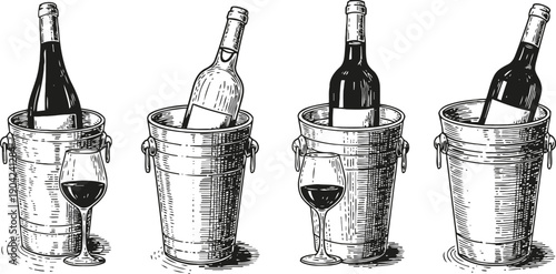 Wine bottles in metal ice buckets with filled wine glasses, vintage hand drawn illustration set