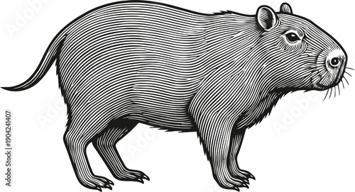 Detailed black and white capybara illustration side view of large rodent with textured fur lines