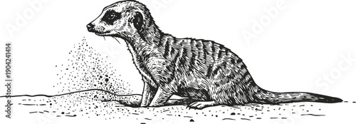 Detailed hand drawn meerkat sitting on sand mound, wildlife animal illustration in black and white