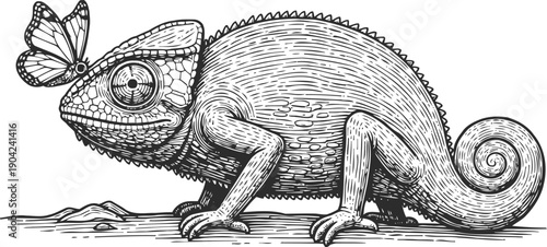 Intricate black and white chameleon illustration with butterfly resting on its head, detailed reptile drawing