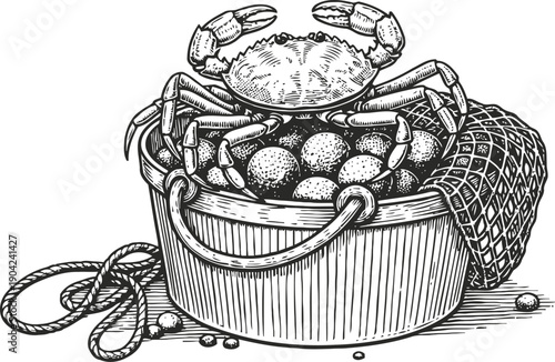 Hand drawn crab sitting on a wooden bucket filled with crab eggs, fishing net, rope, marine seafood illustration