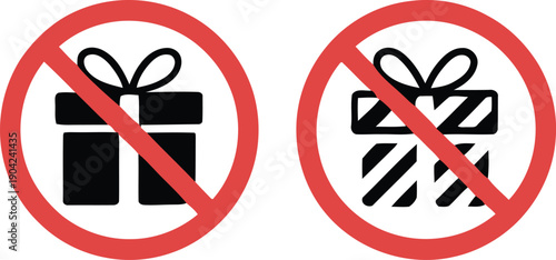Two distinct prohibition signs indicate the refusal or banning of gifts and presents in a graphic icon set.