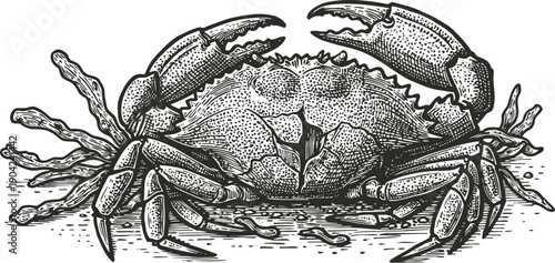 Detailed vintage crab illustration with claws and legs, marine wildlife engraving drawing