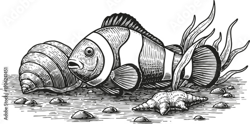 Vintage black and white engraving of a clownfish near seashells and starfish underwater scene