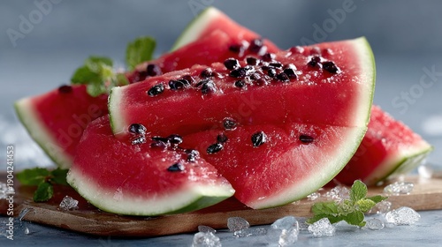 Stacked watermelon slices with seeds and mint on wooden board, ice beside