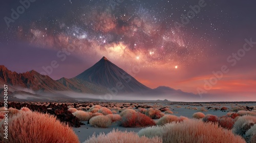Starry night over a volcanic landscape with glowing shrubs and distant peaks