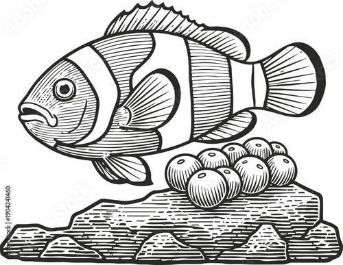 Black and white illustration of a clownfish near eggs on a rock underwater marine life drawing