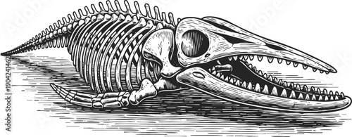 illustration of a marine reptile fossil skeleton with sharp teeth and detailed bone structure