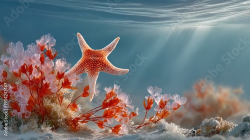 Starfish clinging to coral under ocean, sun rays shining through water