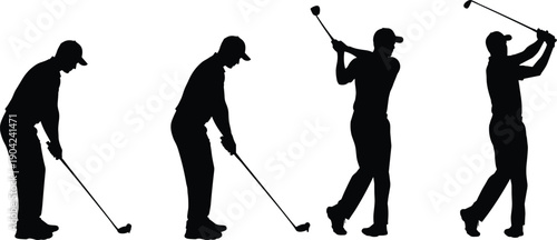 Four golf swing silhouettes showing setup, backswing, follow-through, and finish, vector illustration of athletic motion for sports, training, and lifestyle themes