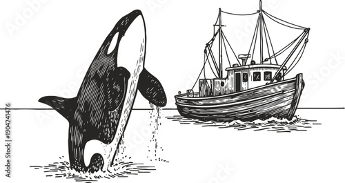 Orca whale breaching near fishing boat at sea, marine wildlife and ocean vessel illustration