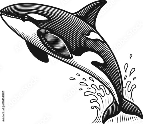 Orca whale jumping out of the water with splash in black and white detailed illustration