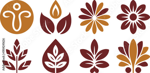 Collection of Eight Stylized Nature and Wellness Icons Featuring Abstract Human Figure, Leaves, Flames, and Flowers in Earth Tone Colors for Organic Branding