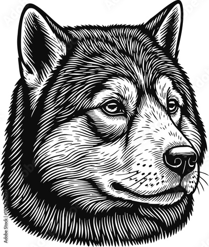 Detailed black and white illustration of siberian husky dog head with expressive eyes and thick fur