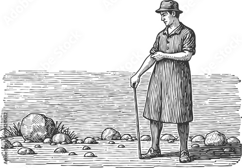 Vintage illustration of a man playing croquet outdoors with mallet and ball on lawn