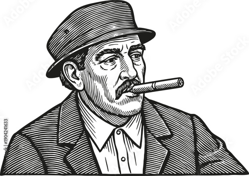 Vintage man wearing hat smoking cigar, retro sketch illustration, classic gentleman portrait
