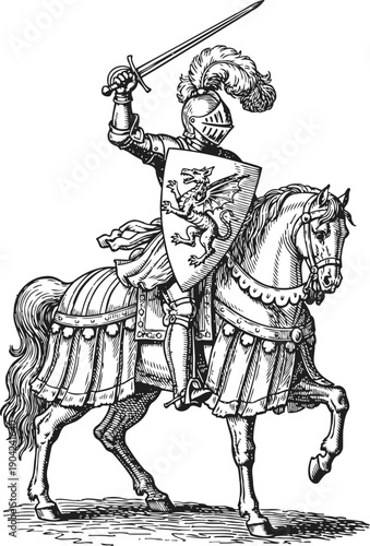Medieval knight in full armor on horse wielding sword and shield with dragon emblem