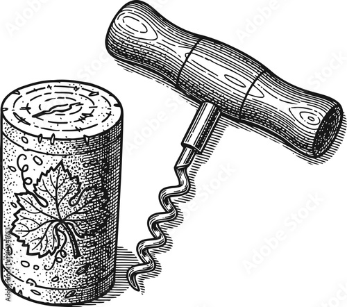 Vintage corkscrew with wine cork detailed illustration in engraved