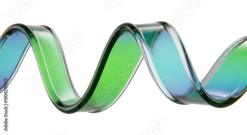 Translucent, spiraling ribbon displays shifting cyan and green coloration against a bright background.