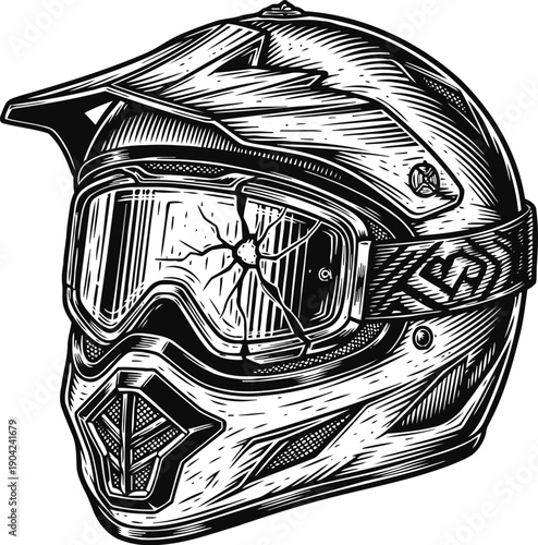 detailed black and white illustration of a motocross helmet with cracked goggles, protective gear design