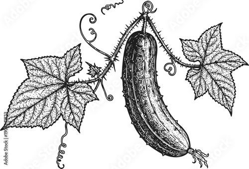 Black and white detailed cucumber hanging on vine with textured leaves and curling tendrils illustration
