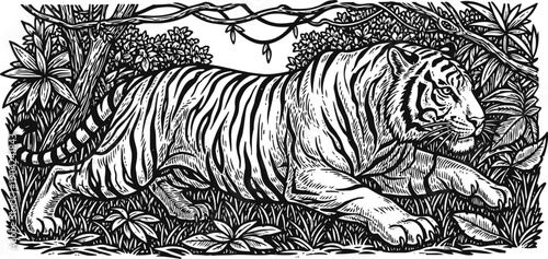 black and white illustration of a stalking tiger in dense jungle vegetation with detailed foliage and twisting vines